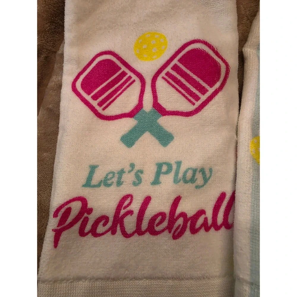 Let's Play Pickleball Hand Towel Set 2pc White Blue Pink Striped Sports Towels